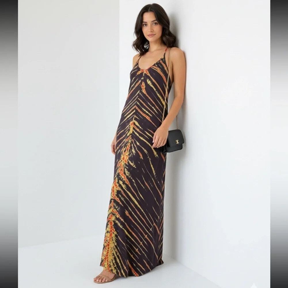 Michael Stars Ryan Tie Dye Maxi Dress S - Gray Gold Red Racerback A-Line